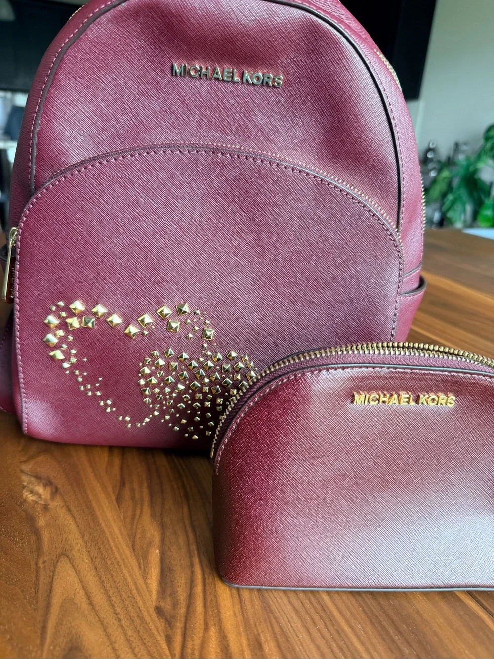 Michael Kors Abbey Hearts Studded Saffiano Leather Burgundy Backpack and Pouch - Picture 2 of 9